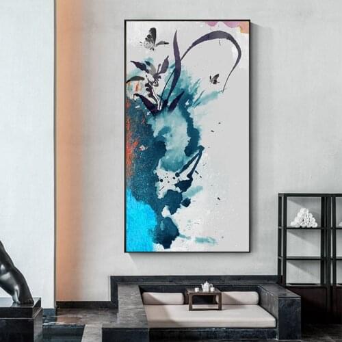 Modern Tableaux Art Wall Nordic Orchid Butterfly Ink Canvas Painting Blue Print Poster for Living Room Cuadros Salon Decoracion