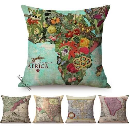 Africa Map Style Home Decoration Sofa Cushion Cover World Famous City Map Pattern Cotton Linen Square Throw Pillow Cases Cojines