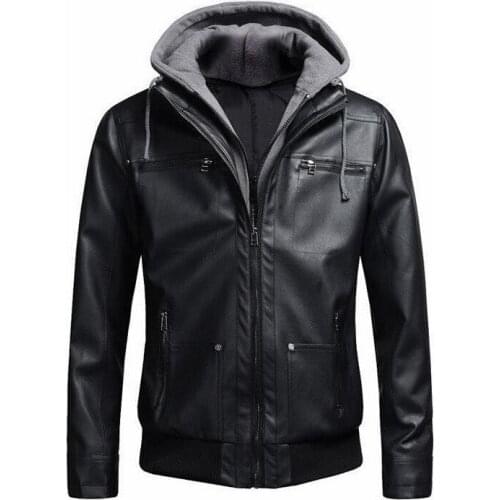 New mens Black leather jacket Hat Detachable Cotton Slim Hooded PU coat male Motorcycle Biker zipper Fur outwear Jaqueta Couro