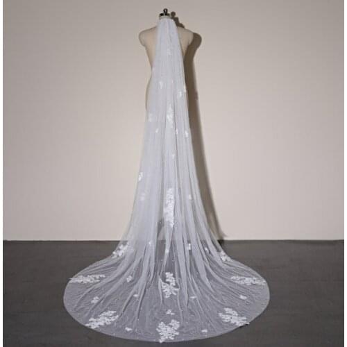 Single Tier, Long Wedding Veil, Handmade Floral Lace Veil, Pearl Beaded Bridal Veil, Cathedral Veil, Stunning Pearl Veil, Soft T