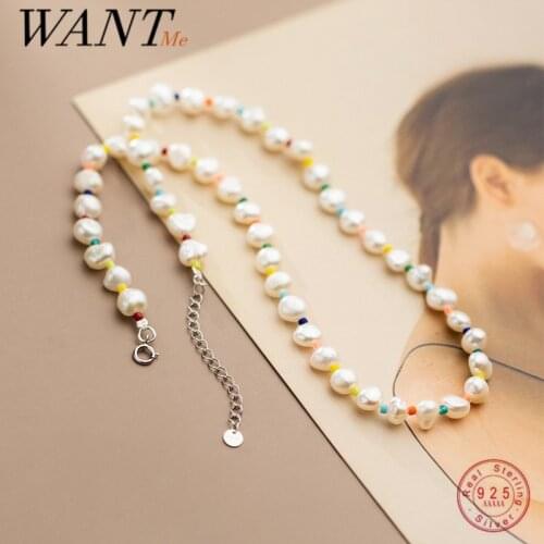 WANTME Baroque Natural Freshwater Pearl Necklace 925 Sterling Silver Clavicle Necklace for Women Rainbow Glass Charm Jewelry