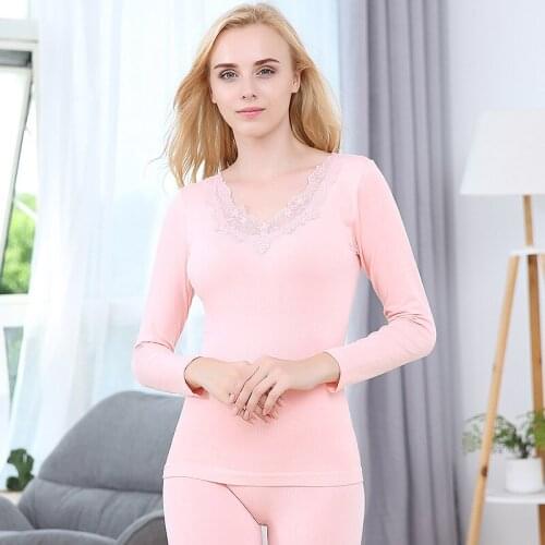Sexy Lace Autumn Thermal Underwear Set Women Long Johns Eamless Thin Thermal Female Winter Warm Two Piece Pajamas Sets Sleepwear