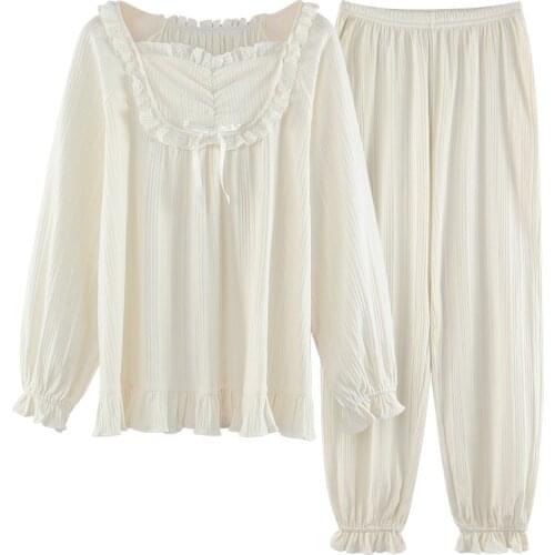 Pyjamas Sets Women Autumn Long Sleeve Pijama Mujer Court Style Cute Korean Sleepwear Square Neck Girl Leisure Wear Pajamas