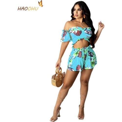 HAOOHU Beach Party Womens Two-Piece Set 2021 Summer Casual Fashion Lace loose Women Wear New Sexy Printed Leisure Sports Suit