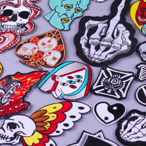 Prajna Skull Patches Punk Style Embroidered Patches For Clothing DIY Iron On Patches On Clothes Applique Stripe Badges On Jacket