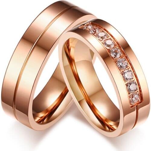 Rose Gold Color Zircon Stone Wedding Engagement Couple Rings for Women and Men Quality Stainless Steel Love Ring