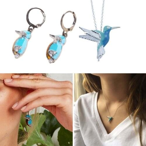 Blue Brid Pendant Necklace Flying Hummingbird Earrings Animal Brid Studs Jewelry X4YA