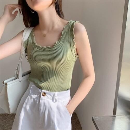 2021solid color thin ruffled knitted vest top summer womens sweet wild camisole