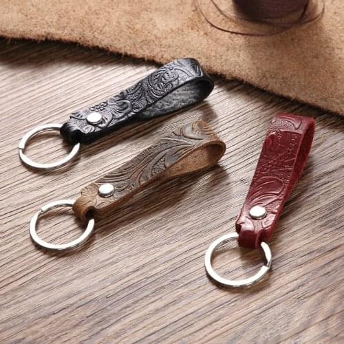 Vintage Handmade Leather Keychain for Men Waist Hanging Retro Pattern Leather Rope Key Chain Wallet Car Key Ring Key Holder Gift