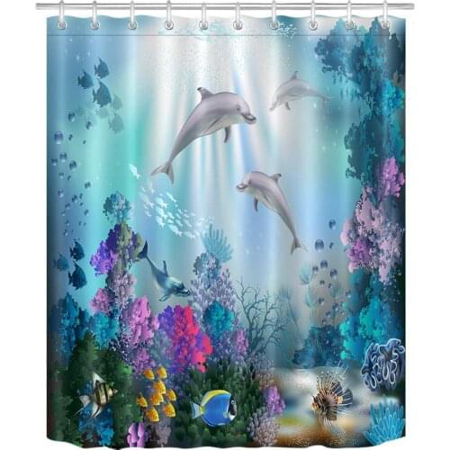 Dolphin Shower Curtain with Hook Waterproof Anti Mould Blue Polyester Fabric Curtains for Kids Bathroom dolfijn bad
