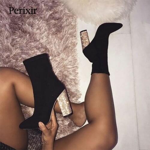 Perixir Design Lady Ankle Boots Glitter Square Heel Slip On Black Suede Pointed Toe Footwear 2021 New Arrival Women shoes Autumn