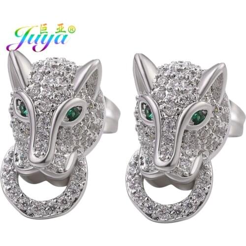Juya Handmade Gold/Silver Color Punk Earrings Supplies Micro Pave Crystal Green Eyes Leopard Head Stud Earrings For Women Men