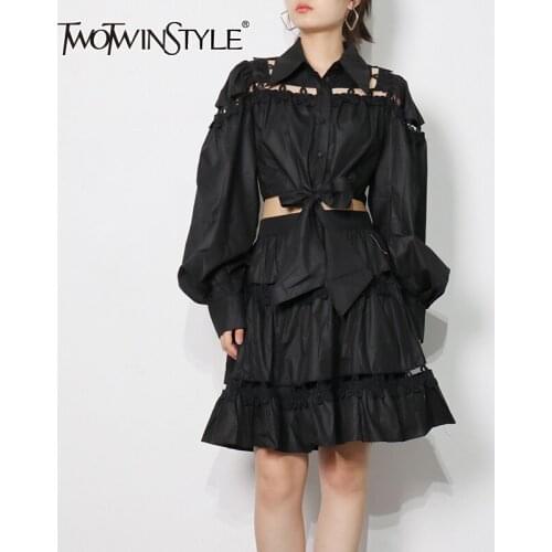 TWOTWINSTYLE Hollow Out White Set For Women Lapel Long Sleeve Shirt High Waist Mini Skirt Female Two Piece Set Fashion New 2021