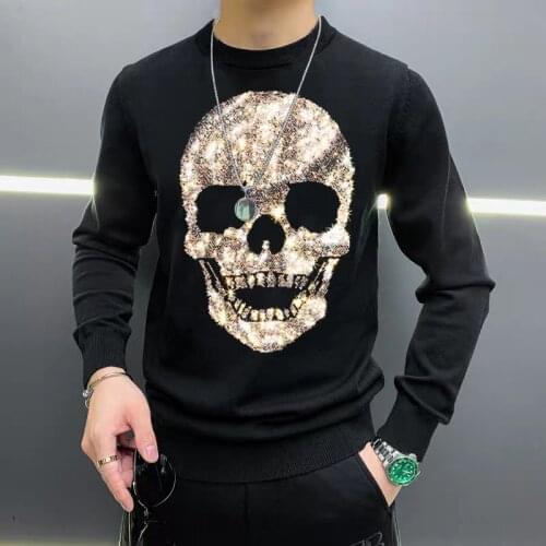 2021 Winter Design Star Skull Hot Diamond Mens Sweater O-Neck Long-Sleeved Slim Pop Top XL