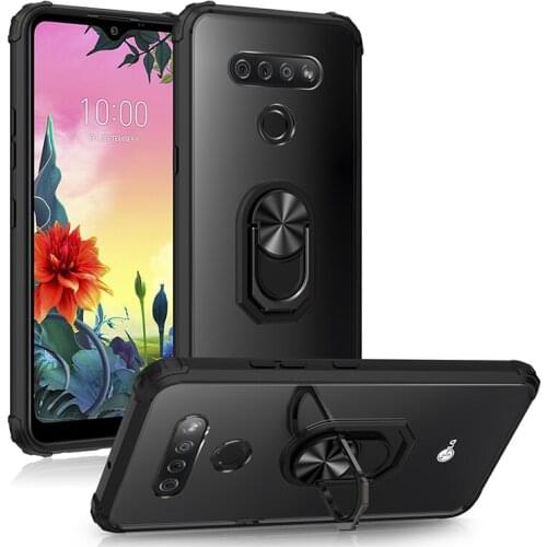 Military Acrylic Armor Shockproof Case For LG K31 Aristo 5 Plus Magnetic Metal Finger Ring Stand Holder Transparent Back Cover