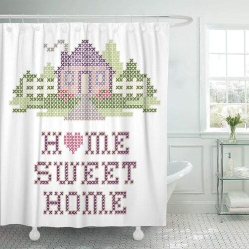 Home Sweet Cross Stitch in Pastel Colors Needlework Heart Shower Curtain Waterproof Polyester Fabric 72 x 78 Inches Set