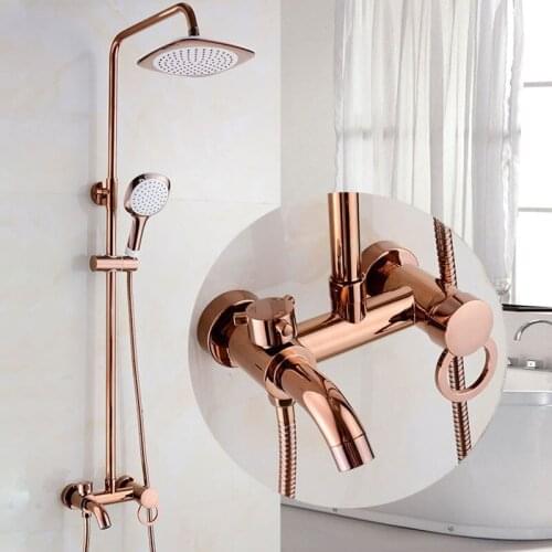 Bathroom brass rose gold shower system wall mounted 8" rainfall shower mixer taps 3 functions single handle 063