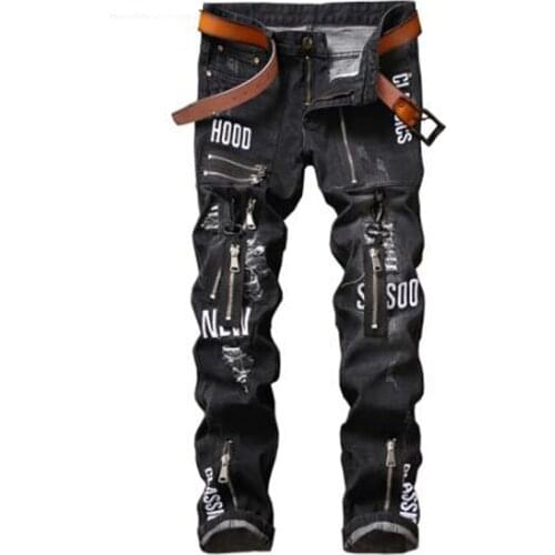 New Mens male casual zippers letters embroidered black stretch denim jeans Trendy holes ripped distressed slim pants trousers