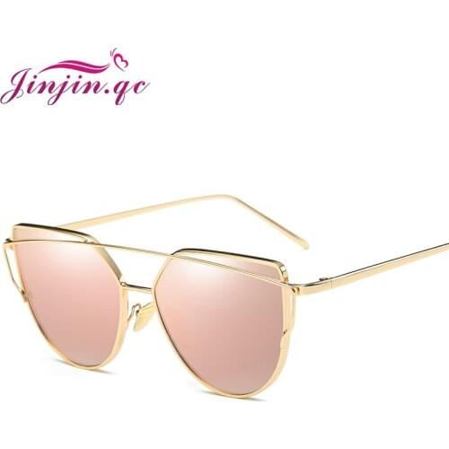 Jinjin.QC Fashion Cat Eye Vintage Brand Rose Gold Mirror Sunglasses For Women Metal Reflective Flat Lens Frame Men Sun Glasses