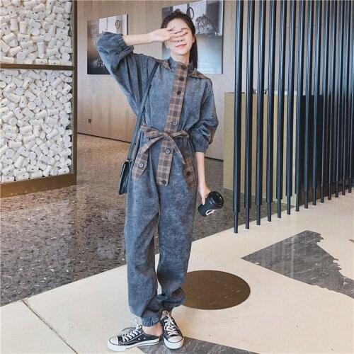 Fashion Splice Plaid Long Sleeve Bandage Hooded Jumpsuit Spring Fall Women Streetwear Oversize One Piece Pants Set Overalls AD72