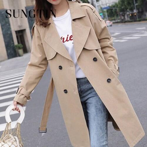 Sungtin Korean Loose Trench Coat Women Oversized Belt Fashion Double Breasted Office Lady Coats Lapel Causal Outwears 2021 Chic