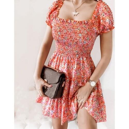 Summer Dresses Y2k Womens Summer Floral Square Neck Cake Dress Wrapped Chest Print Dress Robe Femme Été Bohemian Harajuku 2021