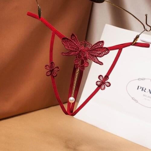 Luckymily Sexy G-String Tback Temptation Underwear Female Hollow Embroidery Thong Sexy Pearl Pendant T-Back Underpants Briefs