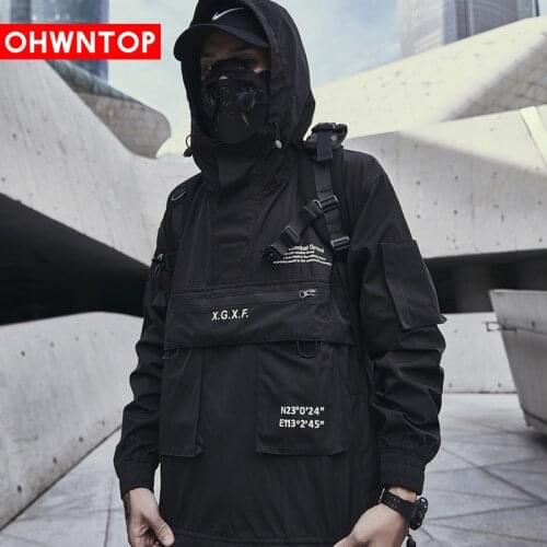 Men Hip Hop Streetwear Jacket Coat Black Windbreaker Cargo Jacket Pullover Harajuku Hooded Track Jacket Tactical Outwear Tops