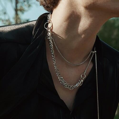 AENSOA Basic Punk Copper Alloy Necklace for Men Women Curb Cuban Link Chain Multi-Layers Chokers Vintage Silver Color Collar