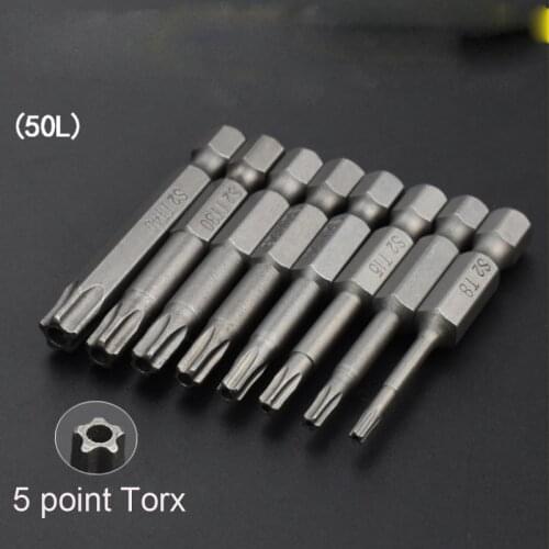 8pcs/set 50mm 5 Point Torx Drive Bit Set 1/4" 6.35mm Hex Shank Electric Screwdriver Bit Kit Power Tools with Center Hole