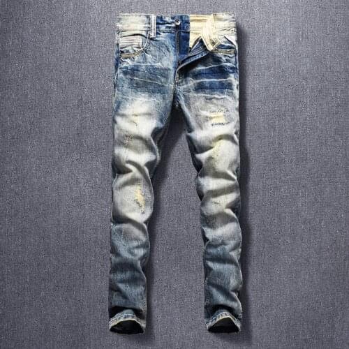 Newly Designer Fashion Men Jeans High Quality Retro Blue Destroyed Slim Fit Ripped Jeans Men Streetwear Vintage Denim Punk Pants