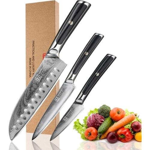 KEEMAKE 7" Santoku 5" Utility 3.5" Paring knife Damascus Japanese VG10 Steel Sharp Blade G10 Handle Kitchen Knives Meat Cutter
