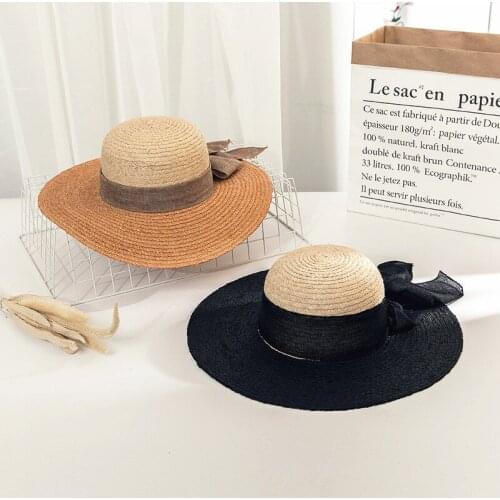 Hot floppy ribbon pathchwork sun hats New solid women ladies casual beach holiday panama caps Large brim straw