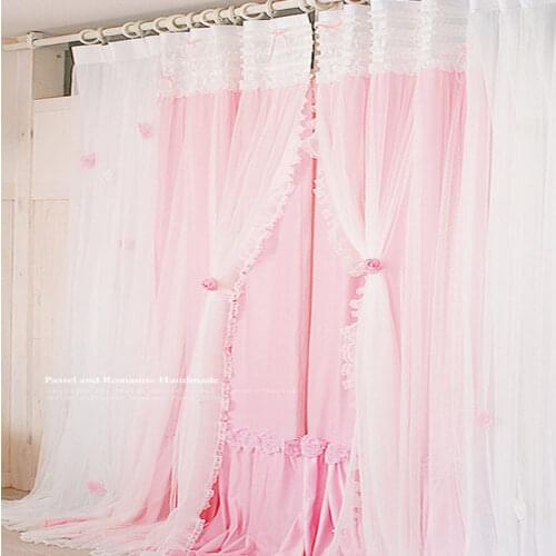 Romantic Princess lace curtains for living room bedroom 2 layers sweet cotton cloth with yarn curtain wedding decoration cortina