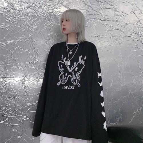 Spring and autumn Korean Harajuku style retro printing loose bf style bottoming shirt thin black top trend