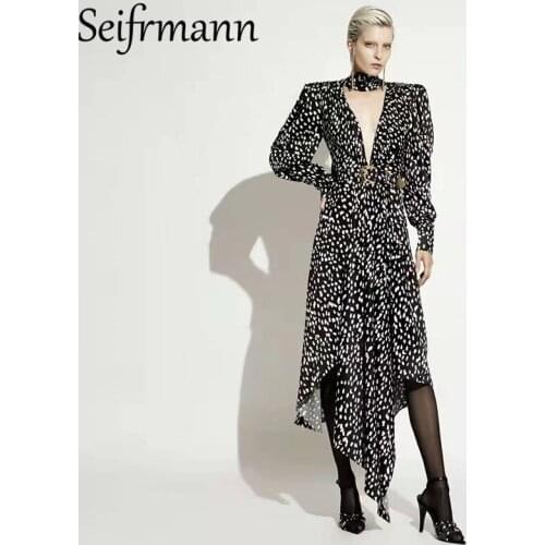 Seifrmann New 2021 Autumn Women Fashion Designer Asymmetrical Dress Sexy Deep V-Neck Dot Printed Chiffon Ladies Long Dresses