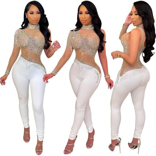 Sexy Women Jumpsuit Sheer Mesh Diamond See Through Party Night Clubwear Skinny Long Romper Women Jumpsuit Overalls
