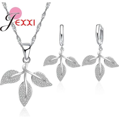 -Silver-Jewelry Romantic Leaf Design Women Cubic Zirconia Pendants Necklace Earrings Set For Wedding Gifts