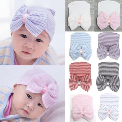 Newborn Baby Infant Unisex Hats Striped Print Toddler Comfy Bowknot Hospital Cap Beanie Hat Turban