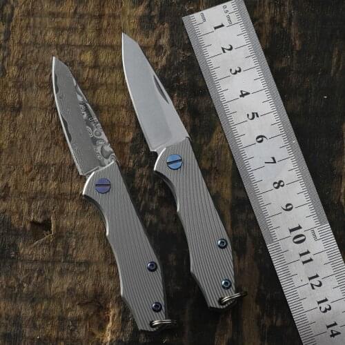 Mini Outdoor EDC Folding Knife D2 steel Blade and Damascus Blade Pocket Knives Titanium handle Camping self-defense tool knife