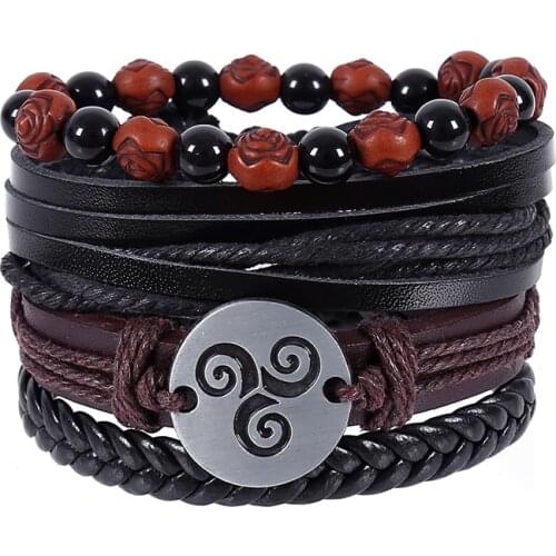 4pcs/set hippie punk spiral vortex charm dark brown leather cord knots rose black onyx beads wrap wide Bracelets Bangles for man