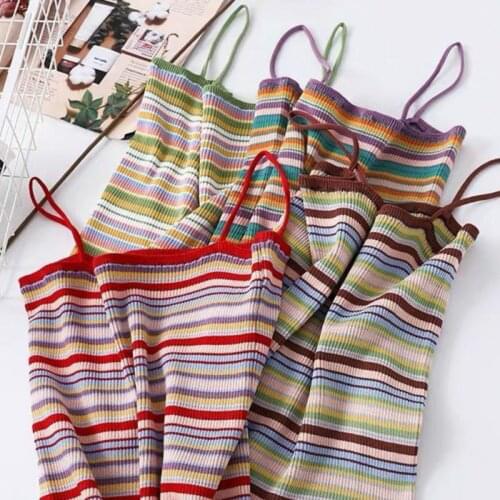 Tanks Women Top Rainbow Color Striped Knitted Sweet Girl Ulzzang Popular Female Sexy Street Style Corset Summer Clothes Camis