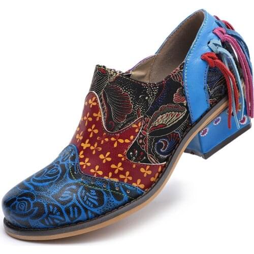 Ocofy Pointed Toe Retro Pumps Women Shoes 4cm High Heels Genuine Leather Splicing Printed Flower Zipper Chunky Heel Shoes Woman