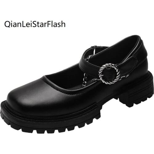 Spring Autumn Women Mary Janes Shoes Chain Lolita Shoes Buckle Strap Platform Leather Shoes Retro Punk Casual Shoe Black