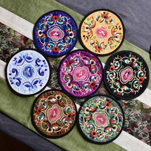 Vintage Round Chinese Fabric Embroidered Coasters Ethnic Floral Design Teacup Mat Home Durable Insulation Pads Kitchen Supplies