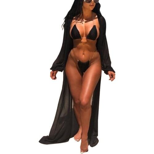 Womens Swimsuit Summer Fashion New Pure Color Sexy Two-piece Bikini + Long Sleeve Blouse Three-piece Swimsuit Set Beachwear