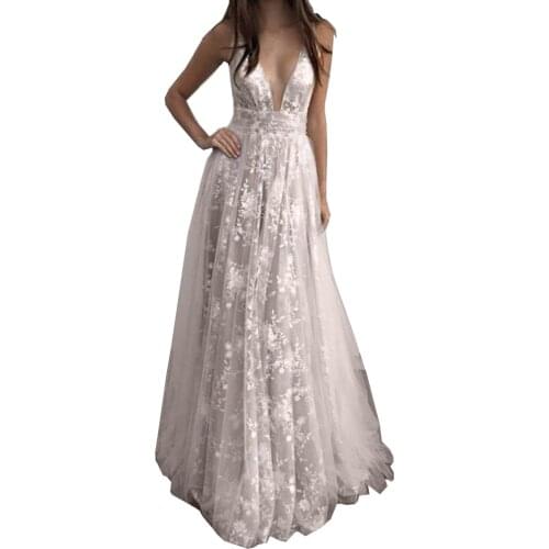 Womens Long Lace Lined Dresses Floral print Sexy Deep V-neck Backless Party Dress Beige Color