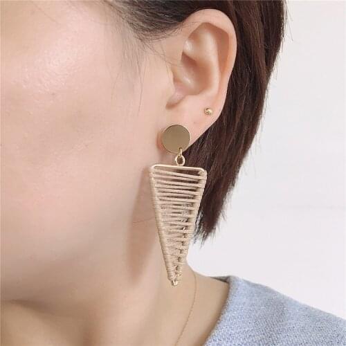 Bohemia Gold Color Plating Tan Cord Wrapping Long Triangle Drop Earrings For Women Girl Classic Modern Casual Geometric Jewelry