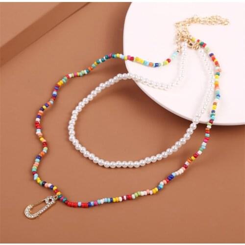 2 Pcs/Set Boho Handmade Multicolor Beaded Chain Pin Pendants Long Necklaces For Women Fashion White Pearl Necklace Jewelry Gift