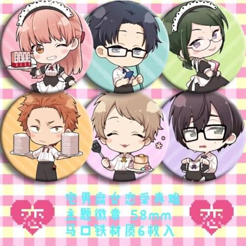 6pcs/1lot Anime Wotakoi: Love is Hard for Otaku Momose Narumi Nifuji Hirotaka Figure 5117 Badges Round Brooch Pin Gifts Kids Toy